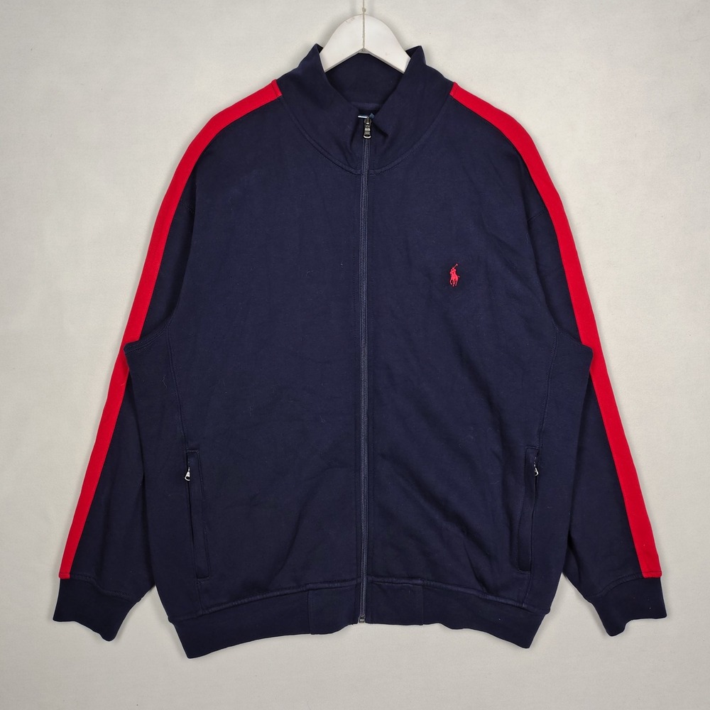Polo Ralph Lauren Mens 1XB Track Jacket Navy Blue Red Stripe Full Zip Fleece